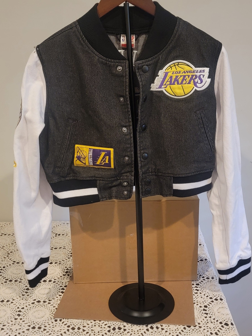 Fashion Nova Black & White Cropped Varsity Blazer with Yellow Patch